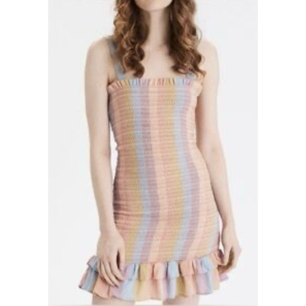 EUC American Eagle Outfitters Smocked Bodycon Mini Dress Pastel Colors Size M
